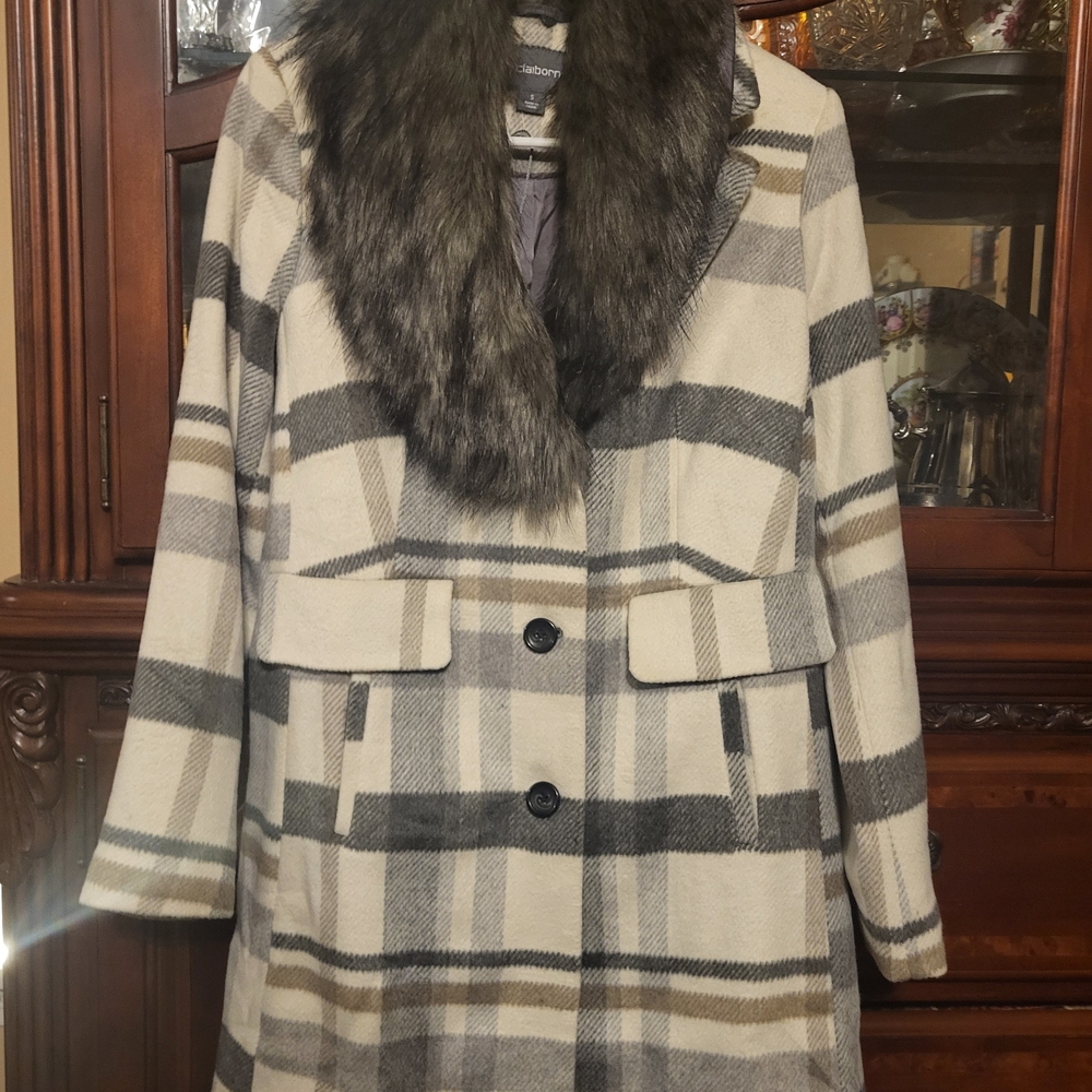 Liz Claiborne Cream and Gray Plaid Pea Coat with Faux Fur Collar